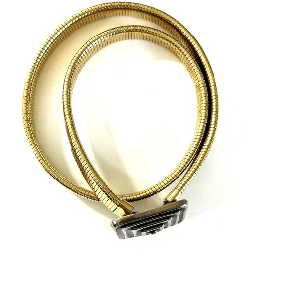 Bill Blass VTG 80s Skinny Gold Belt Articulated Spiral Square‎ Silver Buckle main image 9